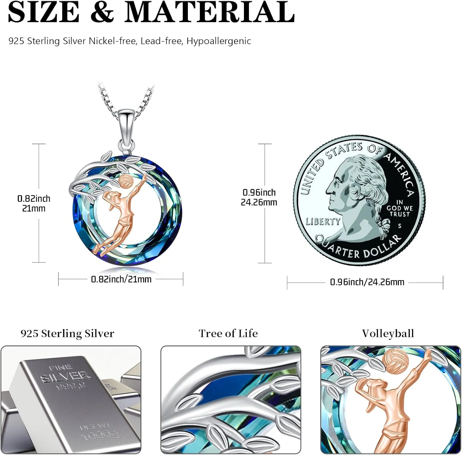 Sport/Music Necklace for Women 925 Sterling Silver Crystal Pendant Tree of Life Jewelry Gifts for Sport Players