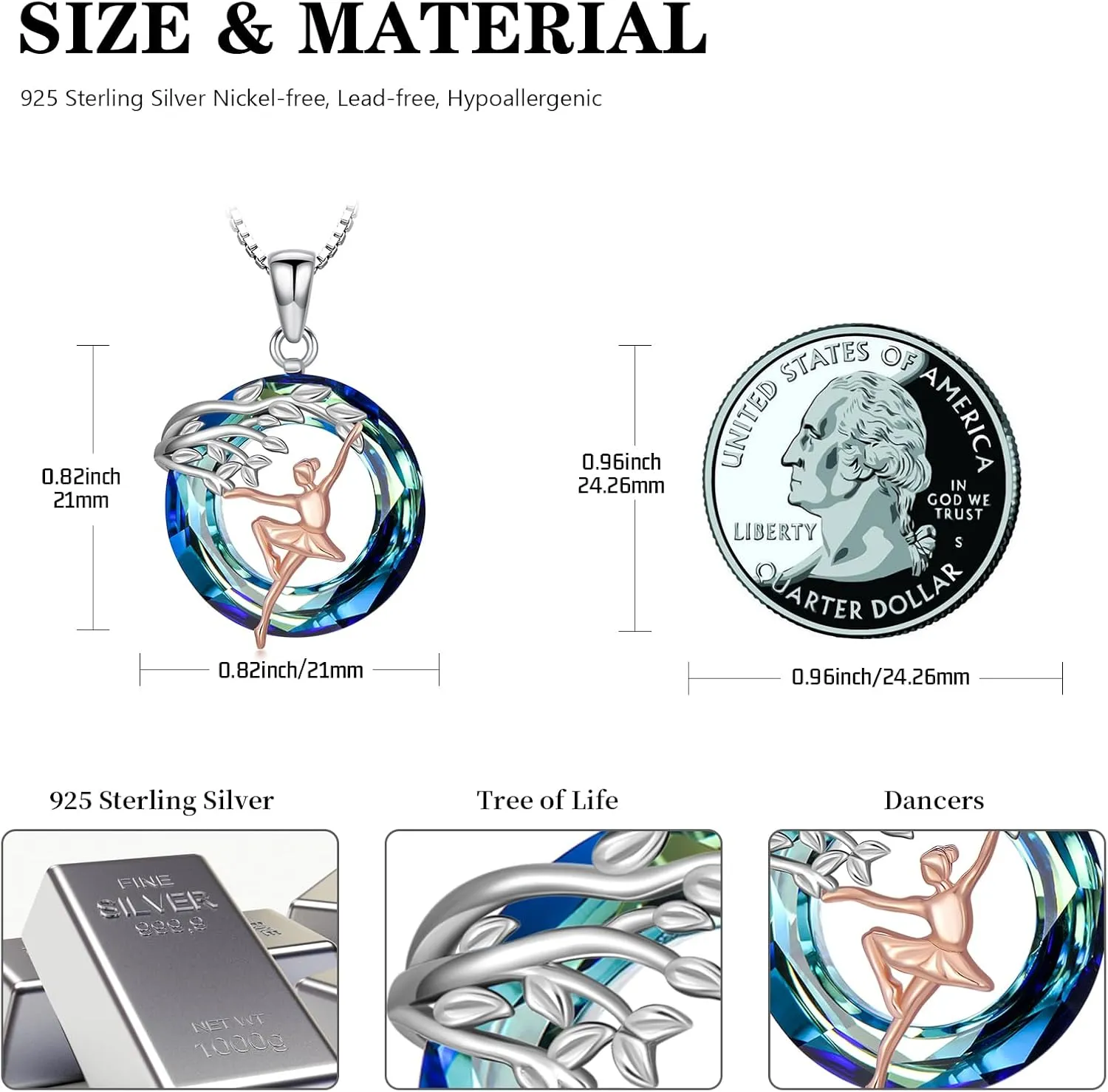 Sport/Music Necklace for Women 925 Sterling Silver Crystal Pendant Tree of Life Jewelry Gifts for Sport Players