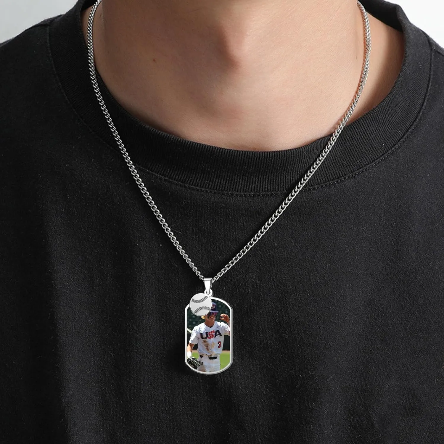 Sports Ball Basketball Football Baseball Soccer Photo Necklace Personalized Necklaces Engraved Personalized Picture Pendant Necklace for Women Men Customized Gifts