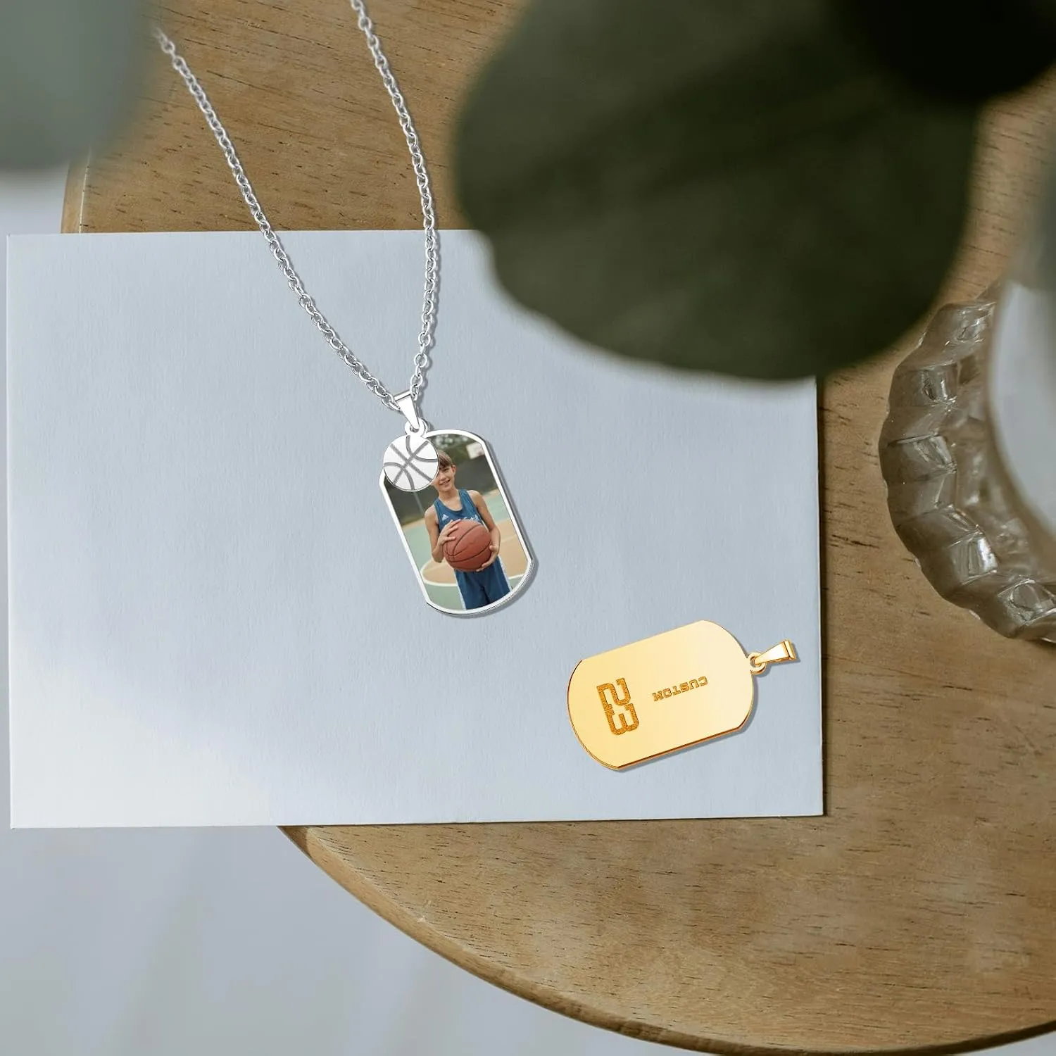 Sports Ball Basketball Football Baseball Soccer Photo Necklace Personalized Necklaces Engraved Personalized Picture Pendant Necklace for Women Men Customized Gifts