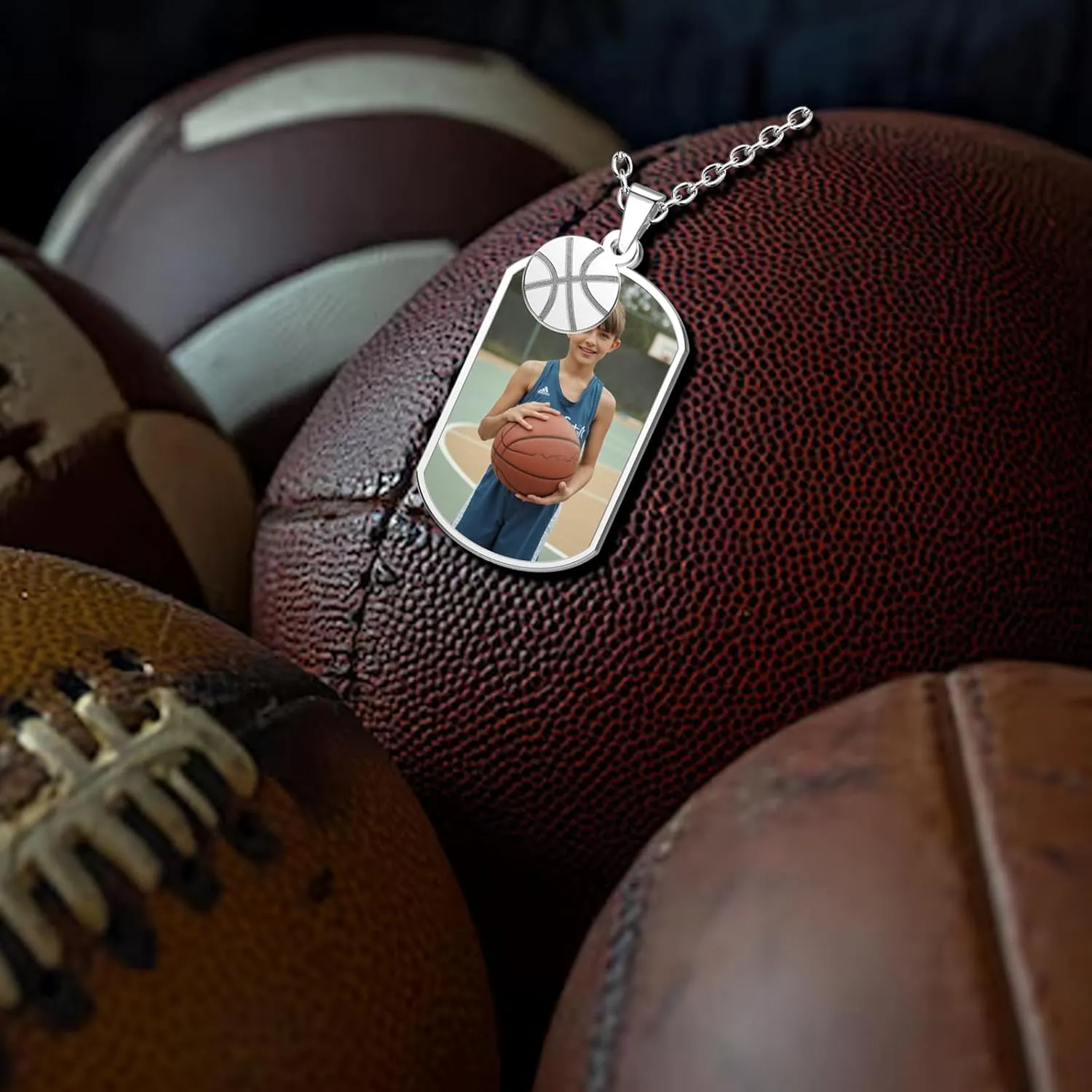 Sports Ball Basketball Football Baseball Soccer Photo Necklace Personalized Necklaces Engraved Personalized Picture Pendant Necklace for Women Men Customized Gifts