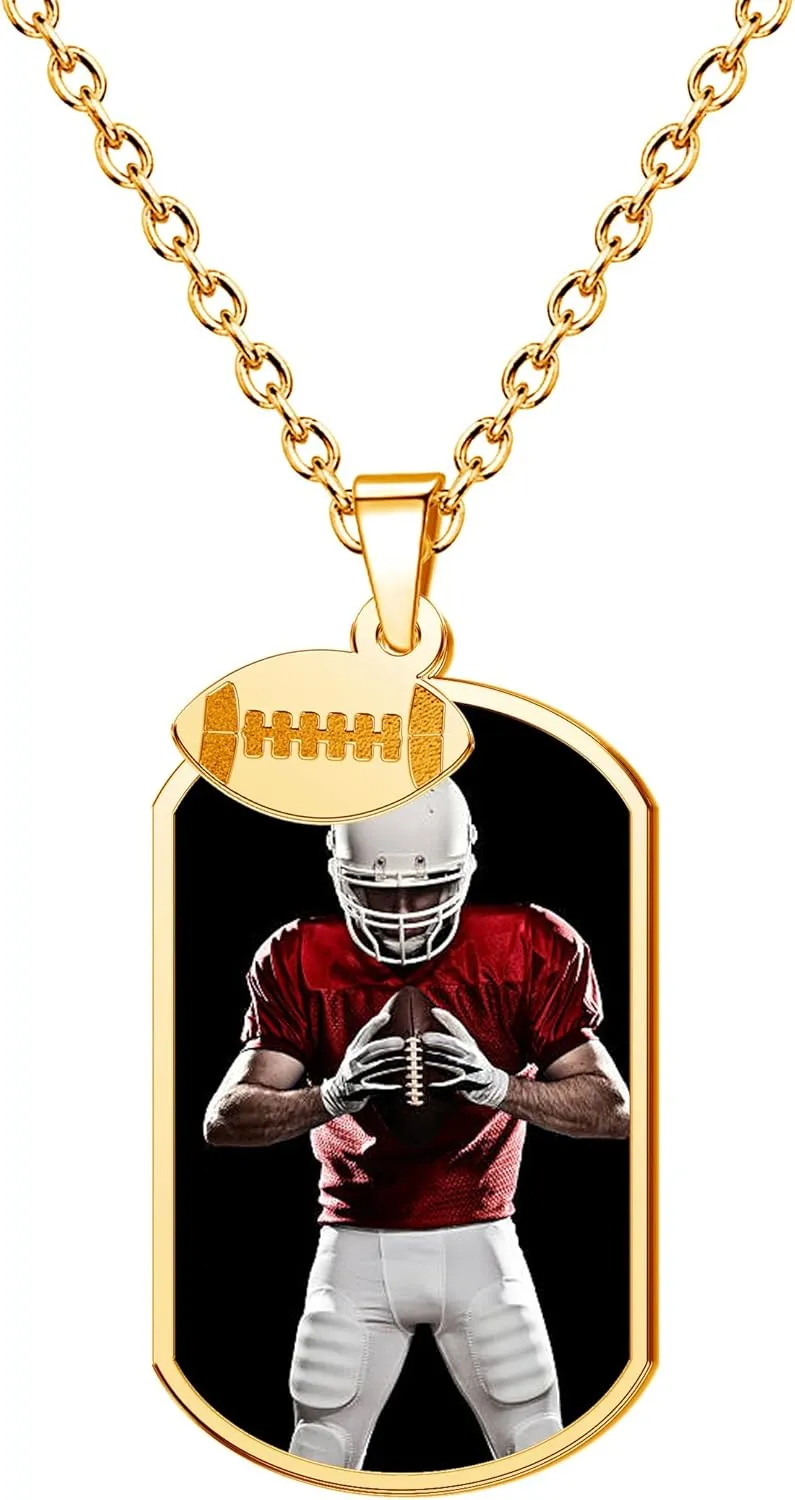 Sports Ball Basketball Football Baseball Soccer Photo Necklace Personalized Necklaces Engraved Personalized Picture Pendant Necklace for Women Men Customized Gifts