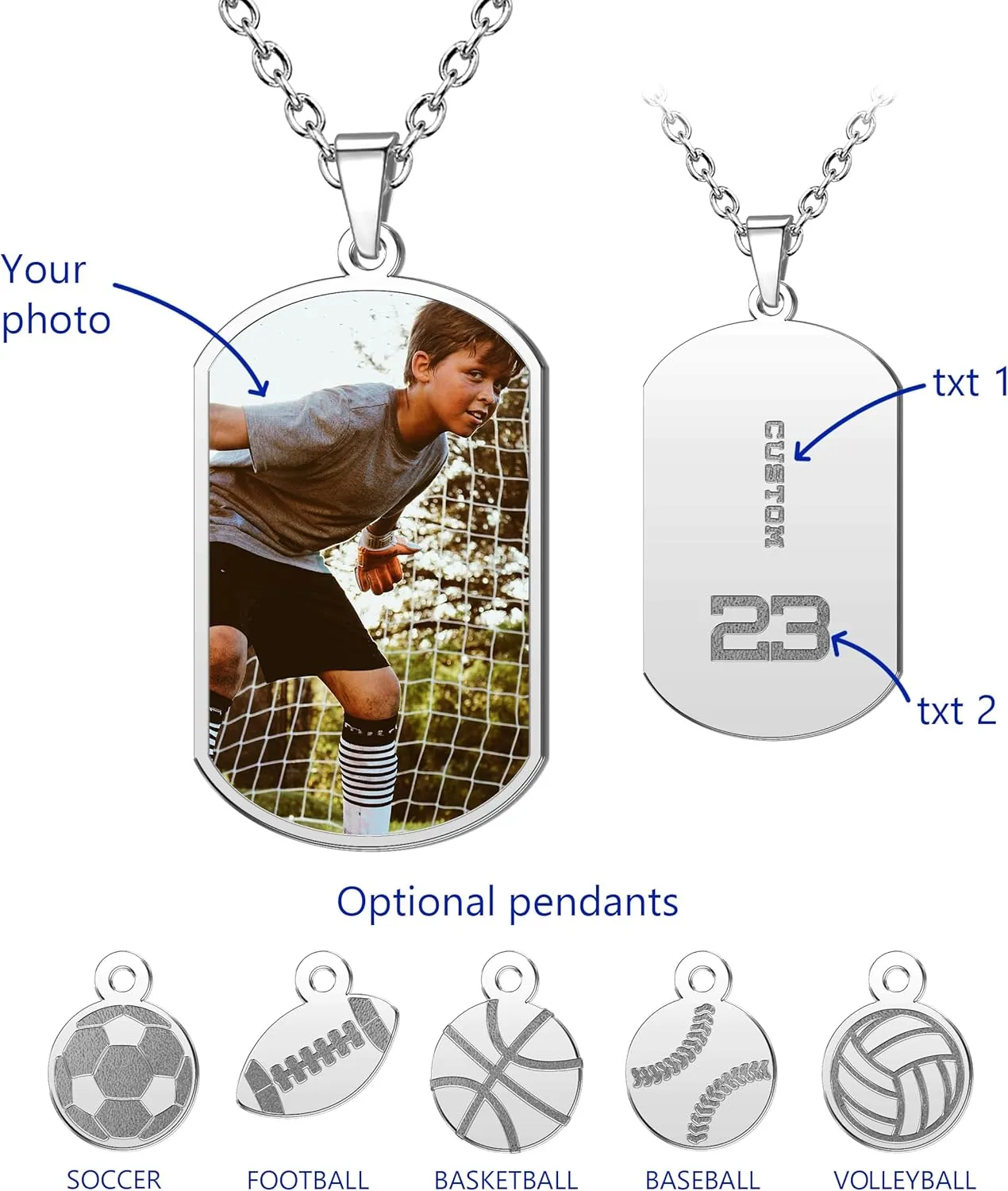 Sports Ball Basketball Football Baseball Soccer Photo Necklace Personalized Necklaces Engraved Personalized Picture Pendant Necklace for Women Men Customized Gifts