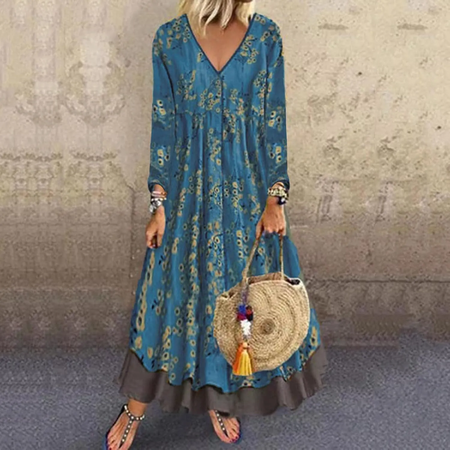 Spring Dresses for Women 2024 Casual 3/4 Sleeve Plus Size Maxi Dress A Line Shirt Flowy Swing Beach Vacation Long Sundress