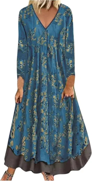 Spring Dresses for Women 2024 Casual 3/4 Sleeve Plus Size Maxi Dress A Line Shirt Flowy Swing Beach Vacation Long Sundress