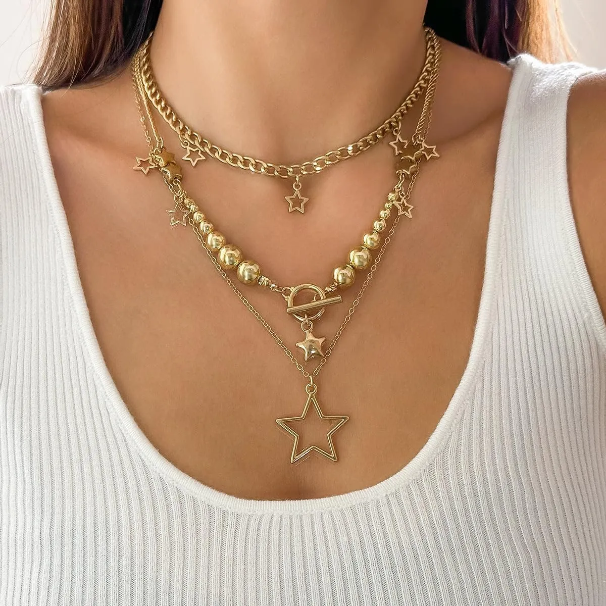 Stacked Star Necklace for Women Gold Silver Layered Necklace Ball Chain Star Pendant Necklace Jewelry