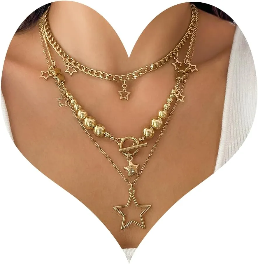 Stacked Star Necklace for Women Gold Silver Layered Necklace Ball Chain Star Pendant Necklace Jewelry