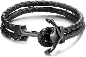 Stainless Steel Mens Women Marine Anchor Bangle Bracelet Genuine Black Braided Leather Wristband