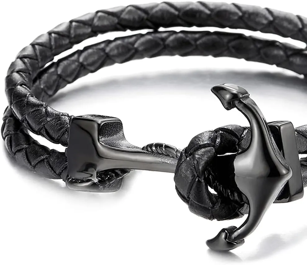Stainless Steel Mens Women Marine Anchor Bangle Bracelet Genuine Black Braided Leather Wristband
