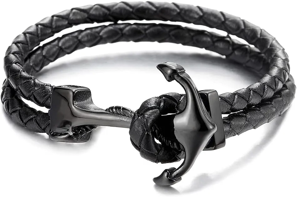 Stainless Steel Mens Women Marine Anchor Bangle Bracelet Genuine Black Braided Leather Wristband