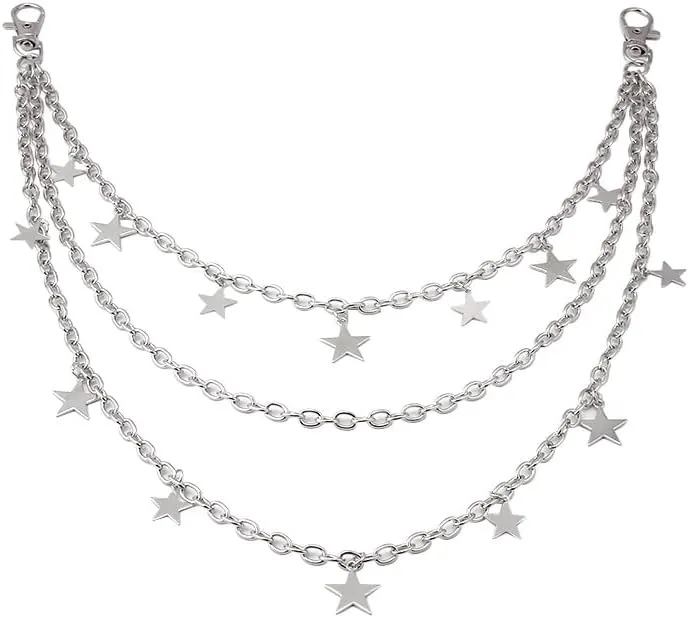 Stars Pendant Layered Pants Chain for Women Men Sliver Hip Hop Punk Goth Jean Trouser Rock Wallet Pocket Chains Fashion Vintage Gothic Hipster Biker Star Charm Waist Belt Keychains Body Jewelry Accessories