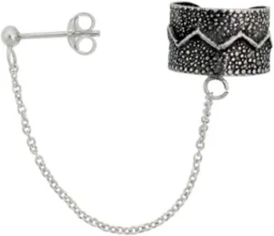 Sterling Silver Detailed Zig Zag Line Middle Ear Cuff Band Slave Chain Post Earring