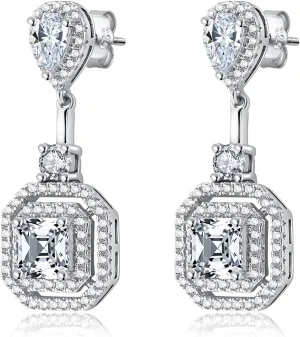 Sterling Silver Diamond Drop Earrings for Women 6 * 6mm Princess Cut Lab Simulation Diamond 5A Cubic Zirconia Earrings Jewelry Gift for Her Birthday Christmas