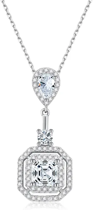 Sterling Silver Diamond Necklaces for Women, 6 * 6mm Princess Cut Lab Synthetic Diamond Pendant White Gold Plated Jewelry Gifts for Women