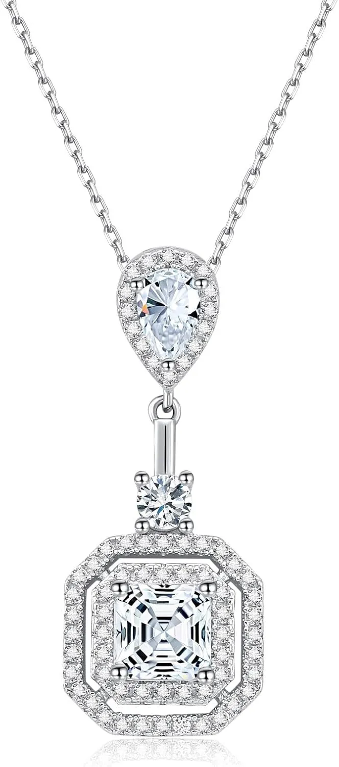 Sterling Silver Diamond Necklaces for Women, 6 * 6mm Princess Cut Lab Synthetic Diamond Pendant White Gold Plated Jewelry Gifts for Women