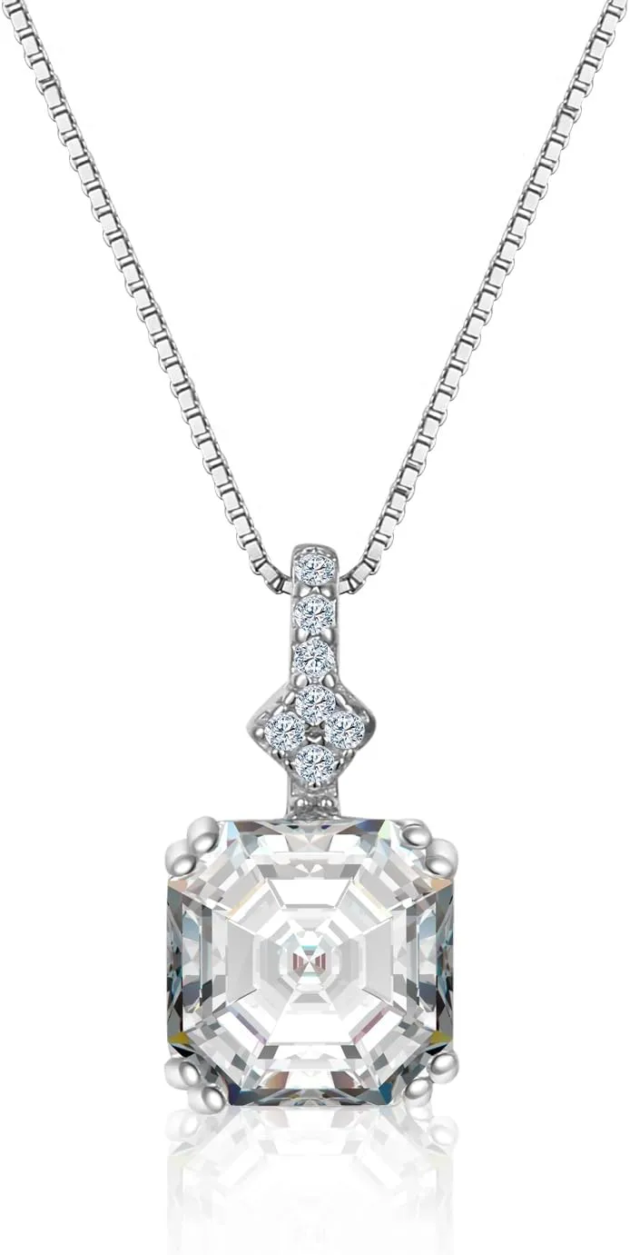 Sterling Silver Diamond Necklaces for Women, 8 * 8mm Cushion Cut Lab Synthetic Diamond Pendant White Gold Plated Jewelry Gifts for Women