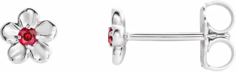 Sterling Silver Imitation Ruby July Birth Month Stone Flower Earrings Polished