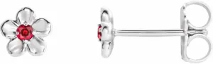 Sterling Silver Imitation Ruby July Birth Month Stone Flower Earrings Polished