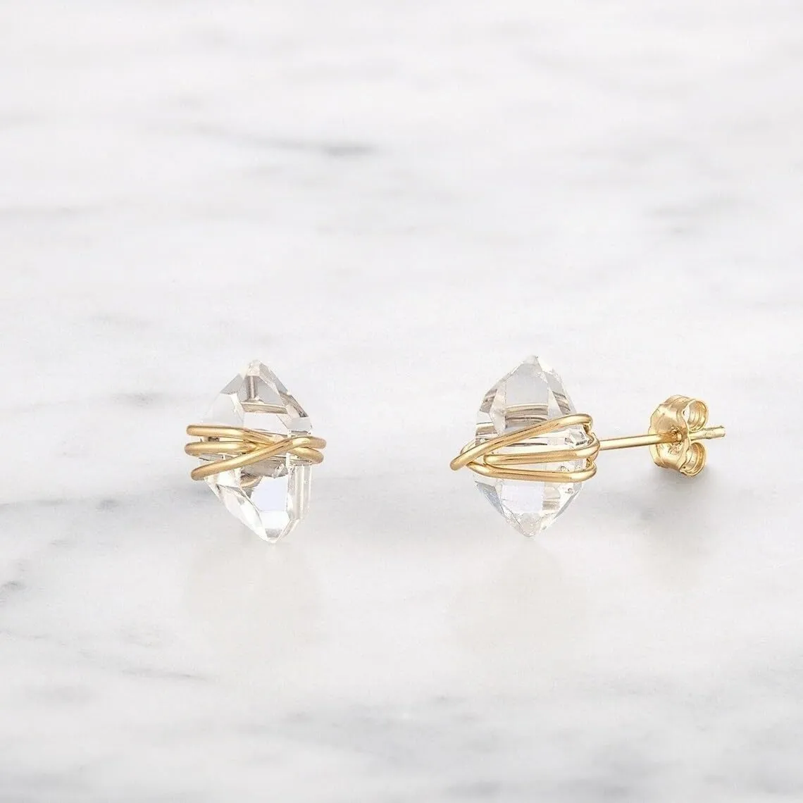 Sterling Silver Stud Earrings with Natural Herkimer Diamonds Handmade Jewelry Wire Wrapped Dainty Stud Earrings with Herkimer Diamond Raw Herkimer Studs (Gold)