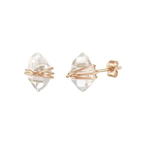 Sterling Silver Stud Earrings with Natural Herkimer Diamonds Handmade Jewelry Wire Wrapped Dainty Stud Earrings with Herkimer Diamond Raw Herkimer Studs (Gold)