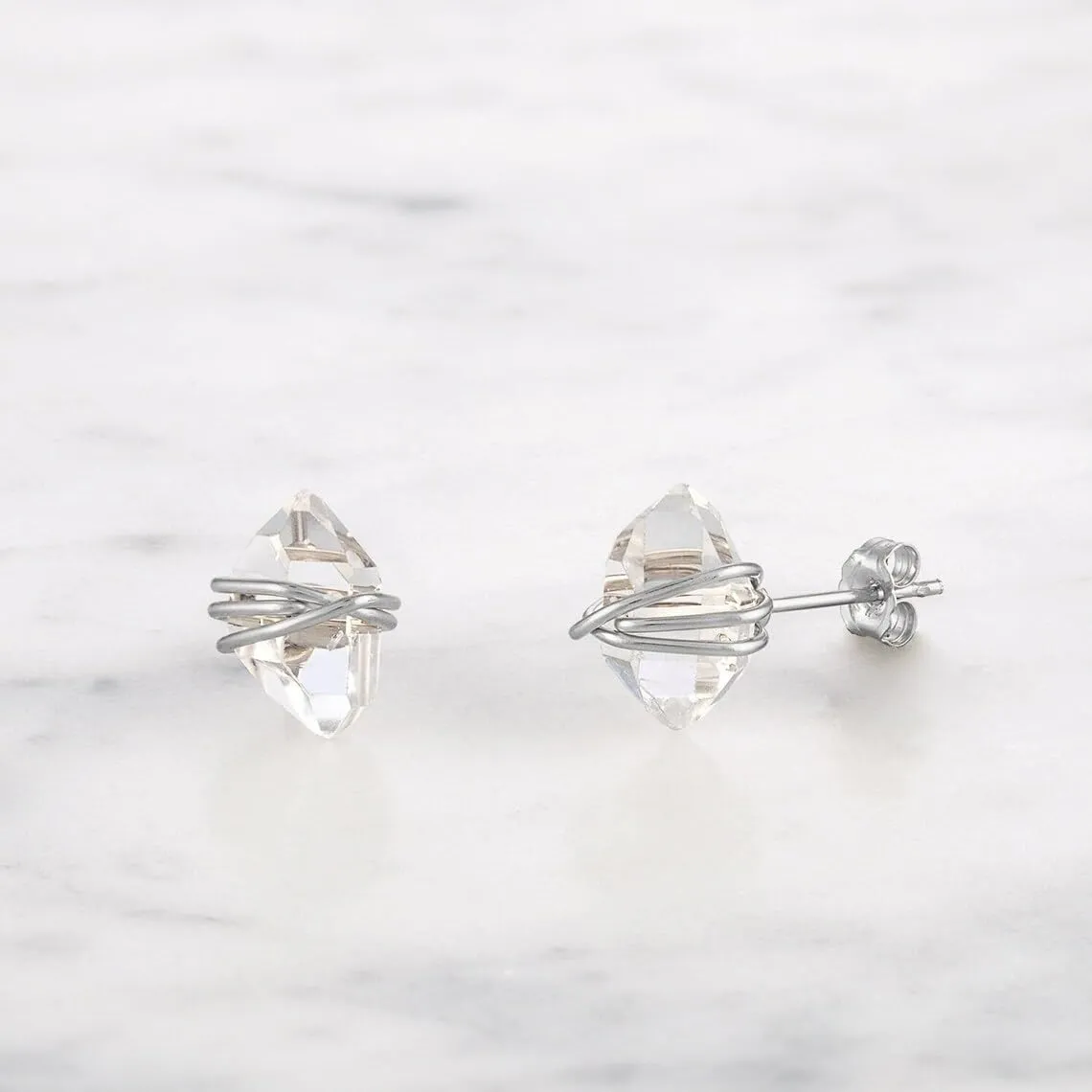 Sterling Silver Stud Earrings with Natural Herkimer Diamonds Handmade Jewelry Wire Wrapped Dainty Stud Earrings with Herkimer Diamond Raw Herkimer Studs (Gold)
