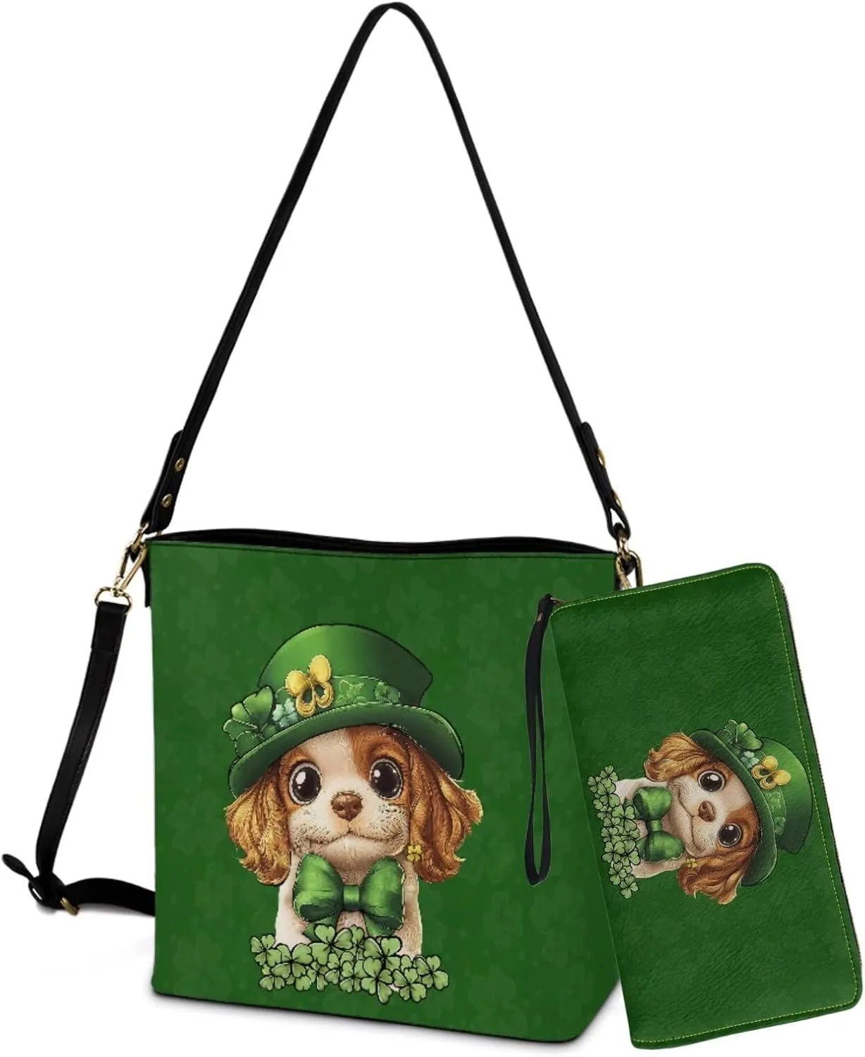St.Patrick's Day Purse and Wallet for Women, Leather Crossbody Bucket Tote Bag with Wristlet Wallet