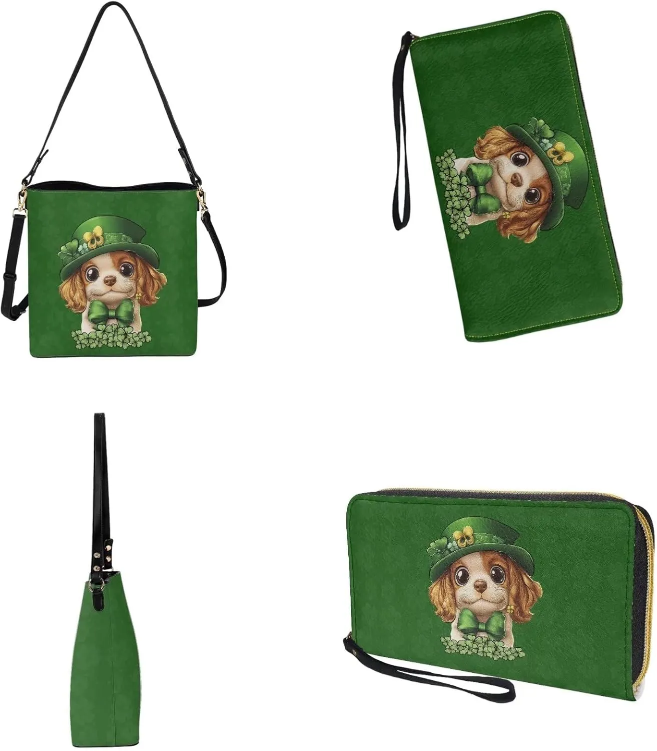 St.Patrick's Day Purse and Wallet for Women, Leather Crossbody Bucket Tote Bag with Wristlet Wallet
