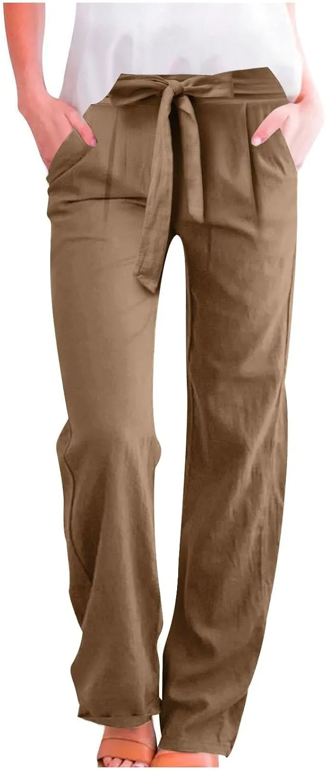 Straight Leg Linen Pants for Women Summer Lightweight Drawstring High Waist Trousers Boho Loose Beach Pants