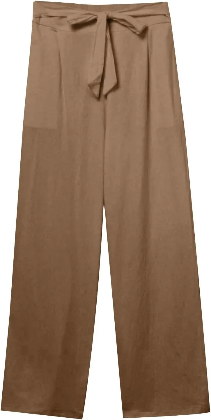 Straight Leg Linen Pants for Women Summer Lightweight Drawstring High Waist Trousers Boho Loose Beach Pants
