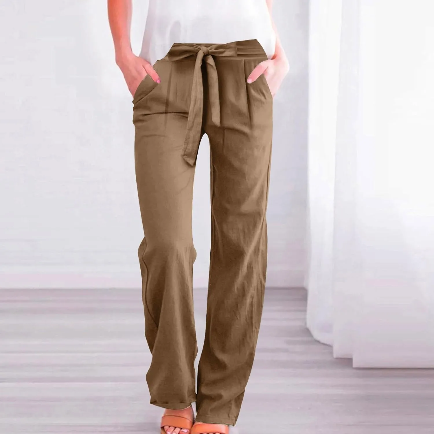 Straight Leg Linen Pants for Women Summer Lightweight Drawstring High Waist Trousers Boho Loose Beach Pants