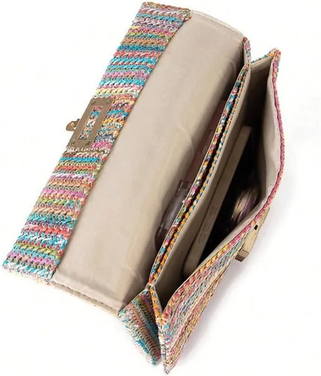 Straw Clutch Purse for Women Designer Evening Handbag Summer Beach Shoulder Purse with Chain Woven Shoulder Handbag