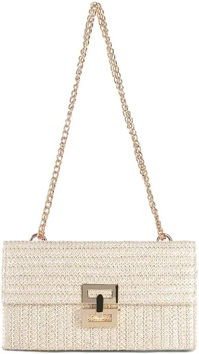 Straw Clutch Purse for Women Designer Evening Handbag Summer Beach Shoulder Purse with Chain Woven Shoulder Handbag