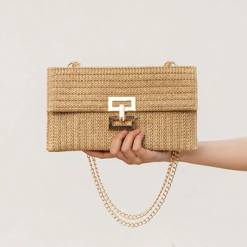 Straw Clutch Purse for Women Designer Evening Handbag Summer Beach Shoulder Purse with Chain Woven Shoulder Handbag