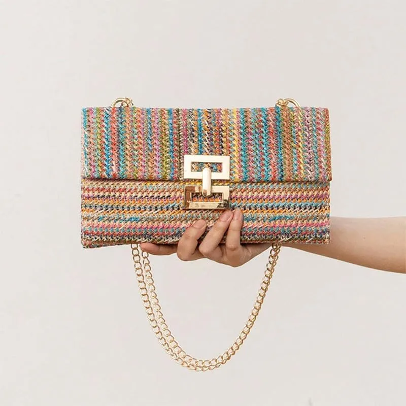 Straw Clutch Purse for Women Designer Evening Handbag Summer Beach Shoulder Purse with Chain Woven Shoulder Handbag