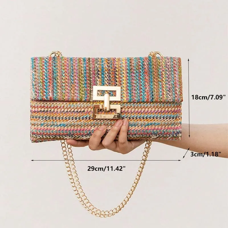 Straw Clutch Purse for Women Designer Evening Handbag Summer Beach Shoulder Purse with Chain Woven Shoulder Handbag