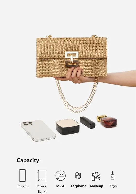 Straw Clutch Purse for Women Designer Evening Handbag Summer Beach Shoulder Purse with Chain Woven Shoulder Handbag