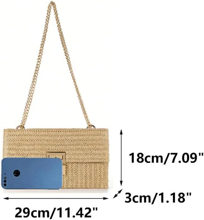Straw Clutch Purse for Women Designer Evening Handbag Summer Beach Shoulder Purse with Chain Woven Shoulder Handbag