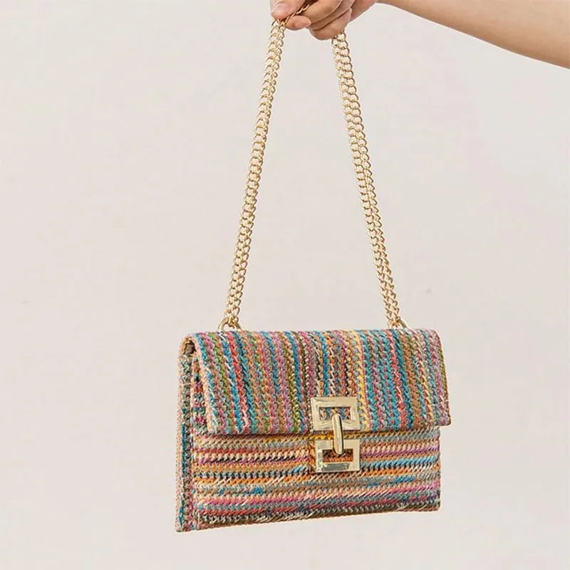 Straw Clutch Purse for Women Designer Evening Handbag Summer Beach Shoulder Purse with Chain Woven Shoulder Handbag