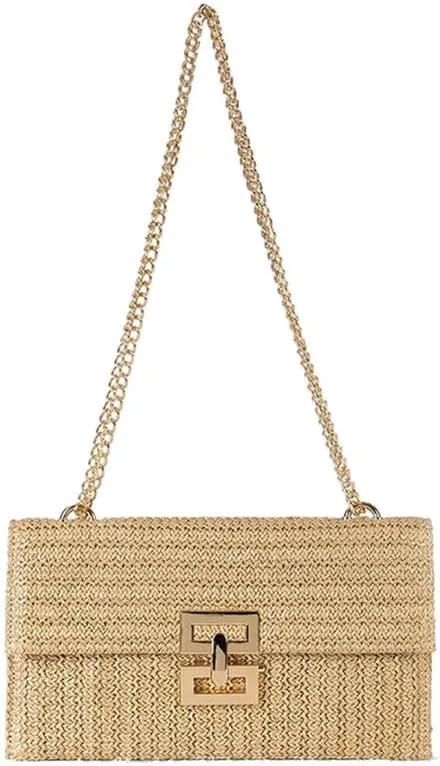 Straw Clutch Purse for Women Designer Evening Handbag Summer Beach Shoulder Purse with Chain Woven Shoulder Handbag
