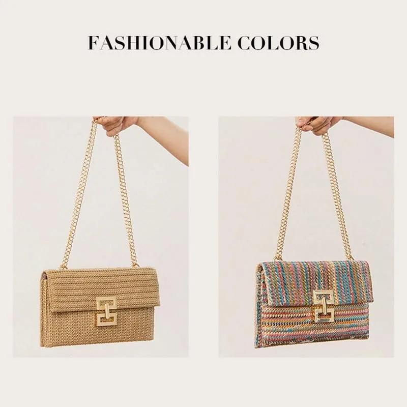 Straw Clutch Purse for Women Designer Evening Handbag Summer Beach Shoulder Purse with Chain Woven Shoulder Handbag