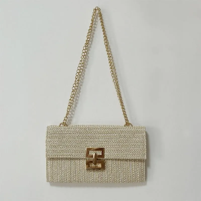 Straw Clutch Purse for Women Designer Evening Handbag Summer Beach Shoulder Purse with Chain Woven Shoulder Handbag