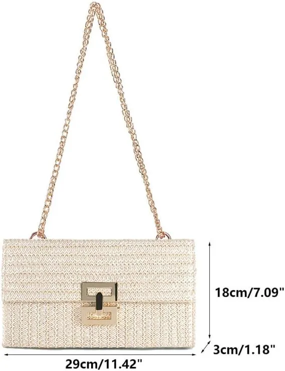 Straw Clutch Purse for Women Designer Evening Handbag Summer Beach Shoulder Purse with Chain Woven Shoulder Handbag