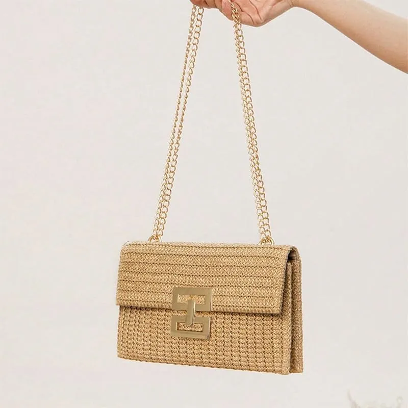 Straw Clutch Purse for Women Designer Evening Handbag Summer Beach Shoulder Purse with Chain Woven Shoulder Handbag