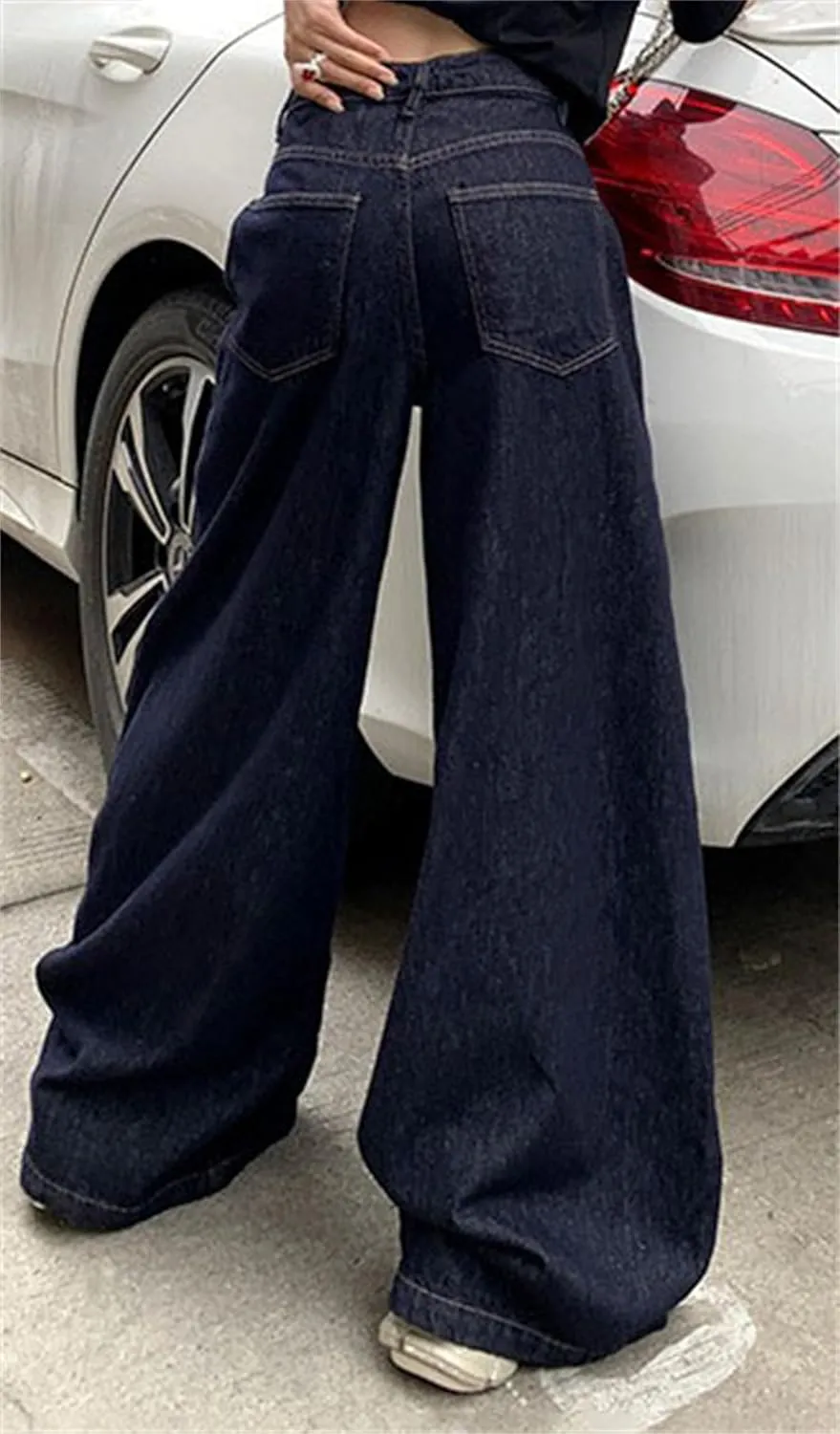 Stretch High Waisted Straight Wide Leg Denim Jeans Trousers Baggy Casual Denim Pants with Pockets