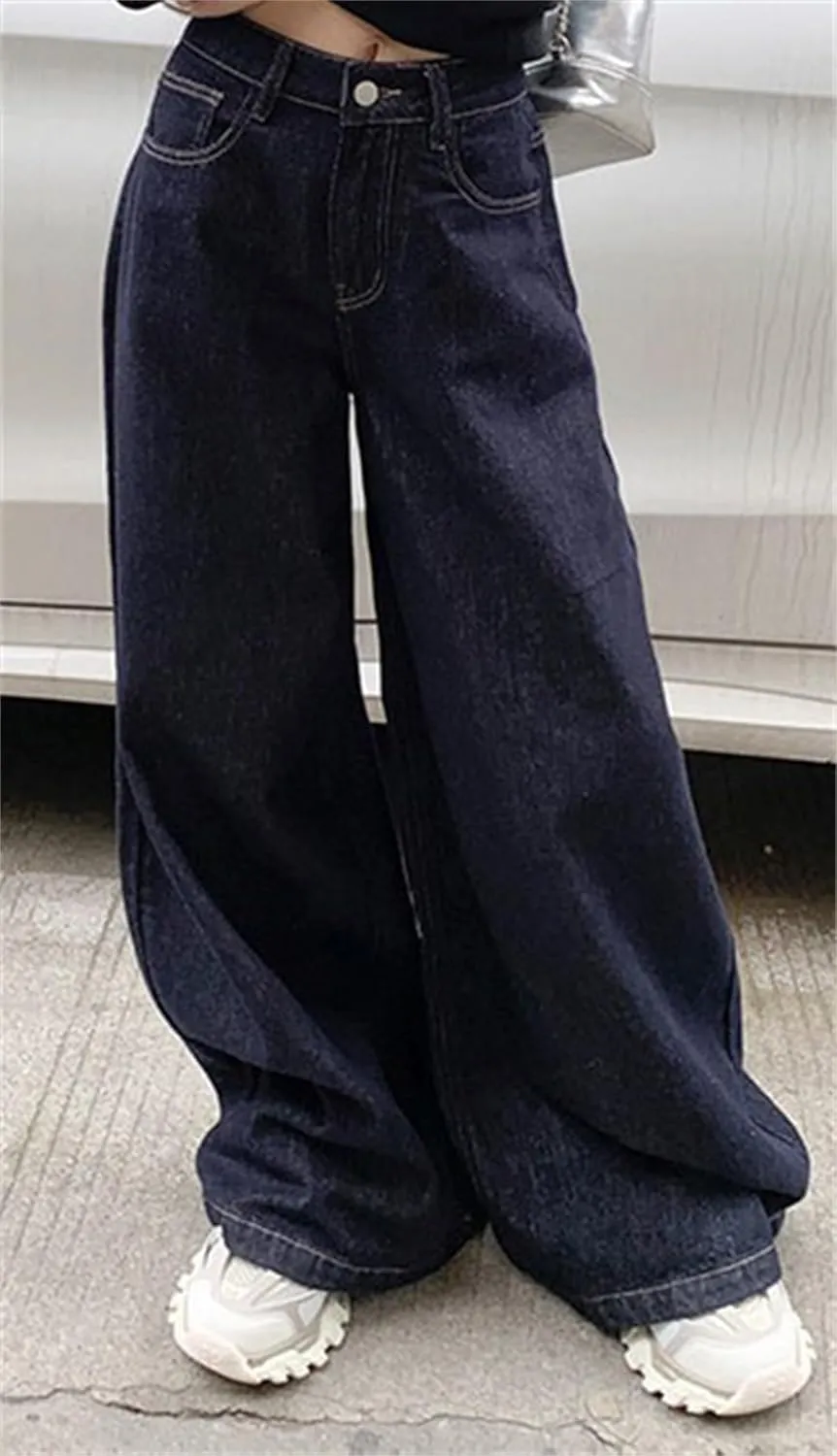 Stretch High Waisted Straight Wide Leg Denim Jeans Trousers Baggy Casual Denim Pants with Pockets