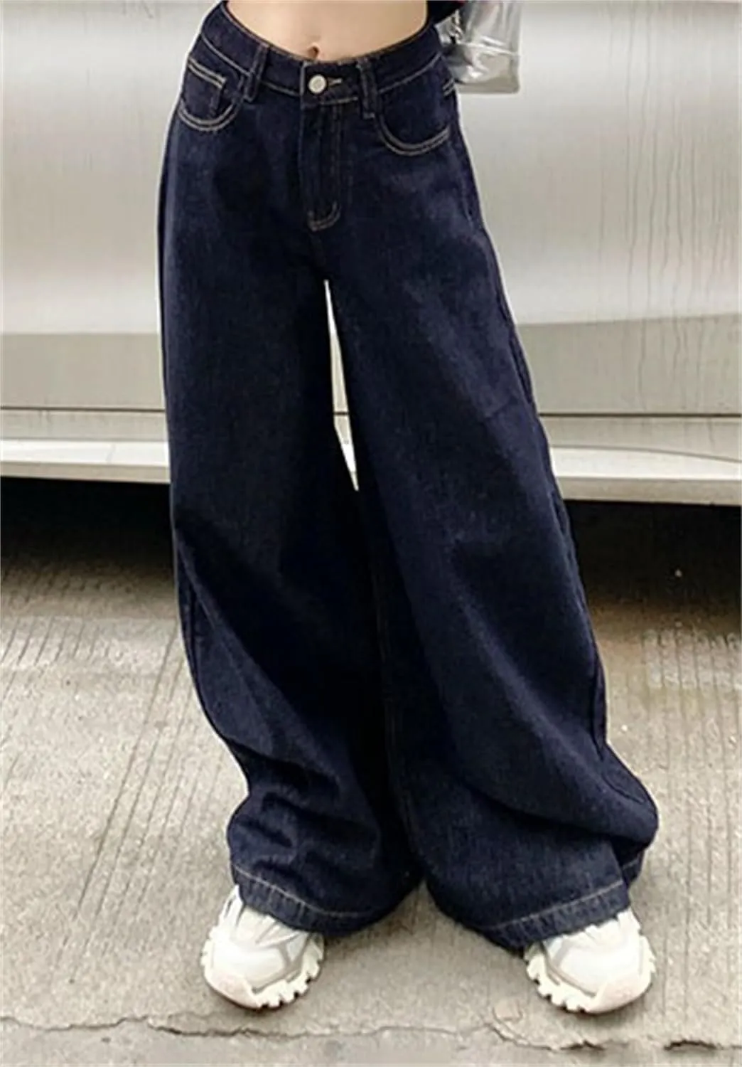 Stretch High Waisted Straight Wide Leg Denim Jeans Trousers Baggy Casual Denim Pants with Pockets