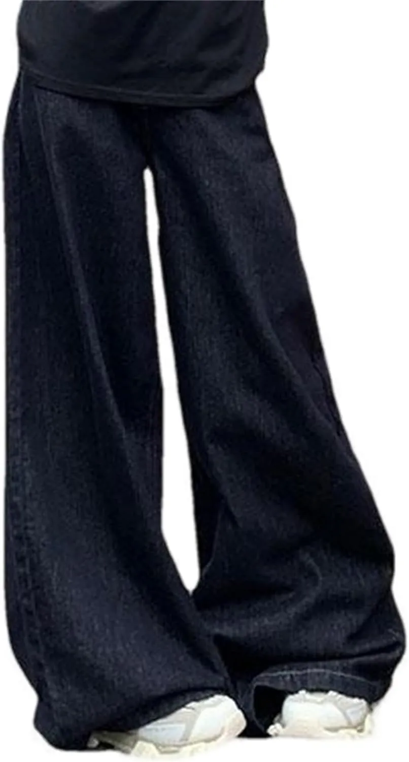 Stretch High Waisted Straight Wide Leg Denim Jeans Trousers Baggy Casual Denim Pants with Pockets