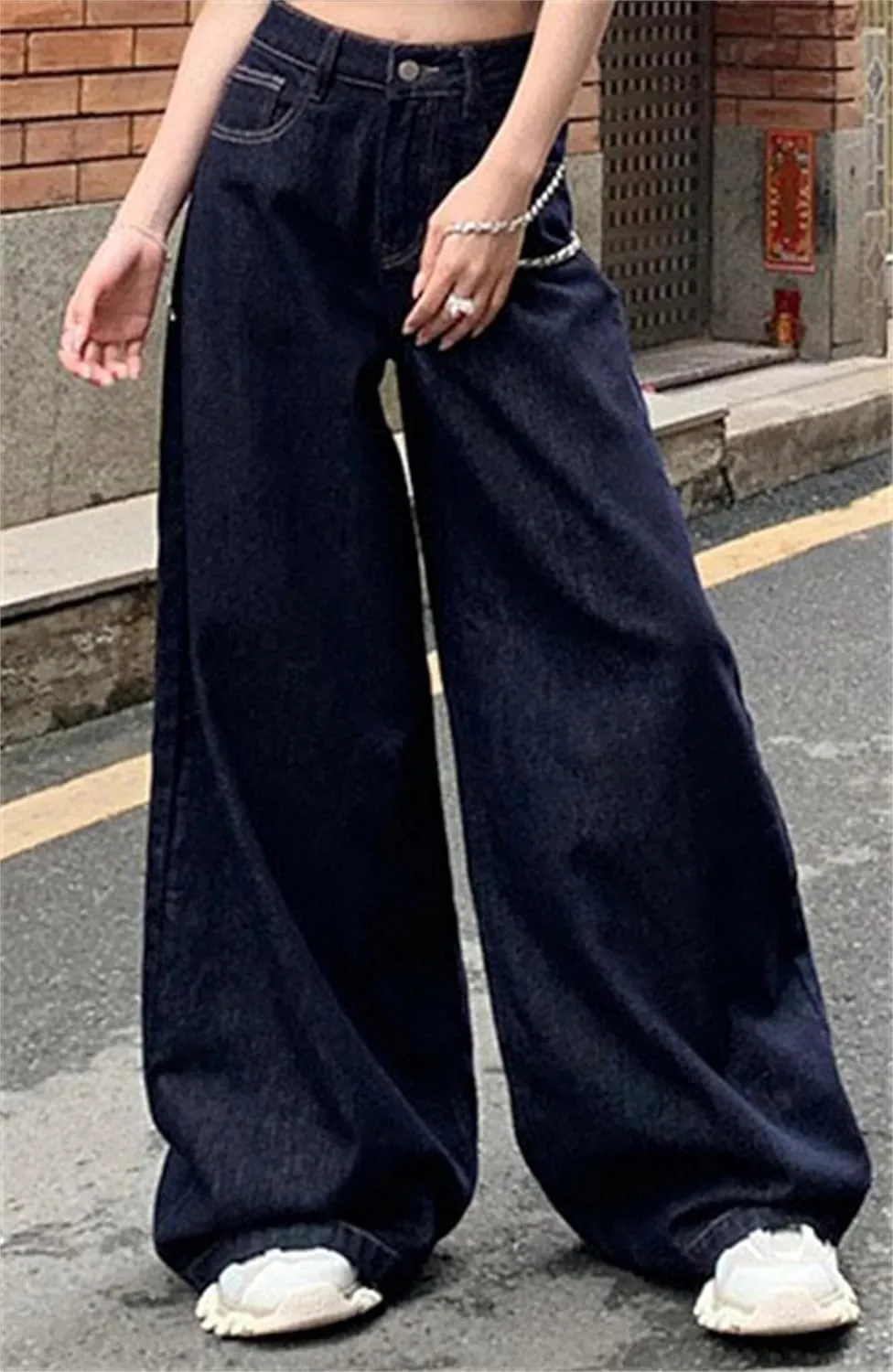 Stretch High Waisted Straight Wide Leg Denim Jeans Trousers Baggy Casual Denim Pants with Pockets
