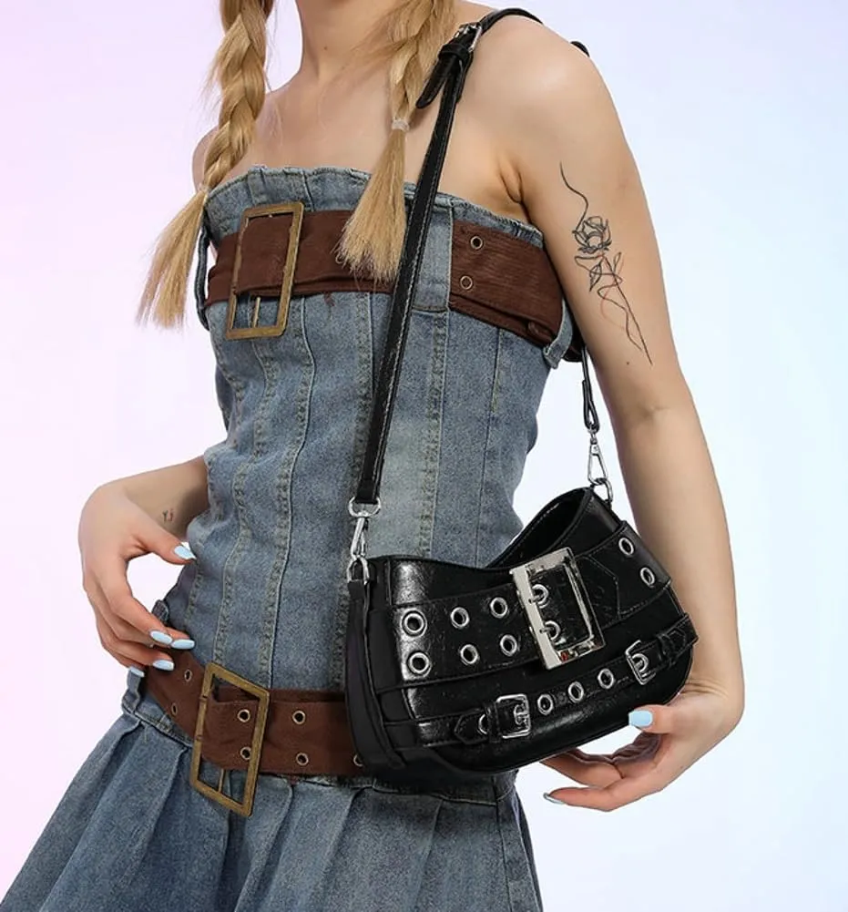 Studded Purse Women 2025 Y2K Handbag Rivet Punk Hobo Purse Satchel Vintage Designer Shoulder Crossbody Bag with Buckle