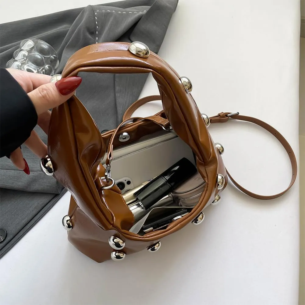 Studded Purse,Y2k Purse Crescent Shoulder Bag for Women Trendy Studded Bag Handbag Small Hobo Bag Leather Satchel Bag